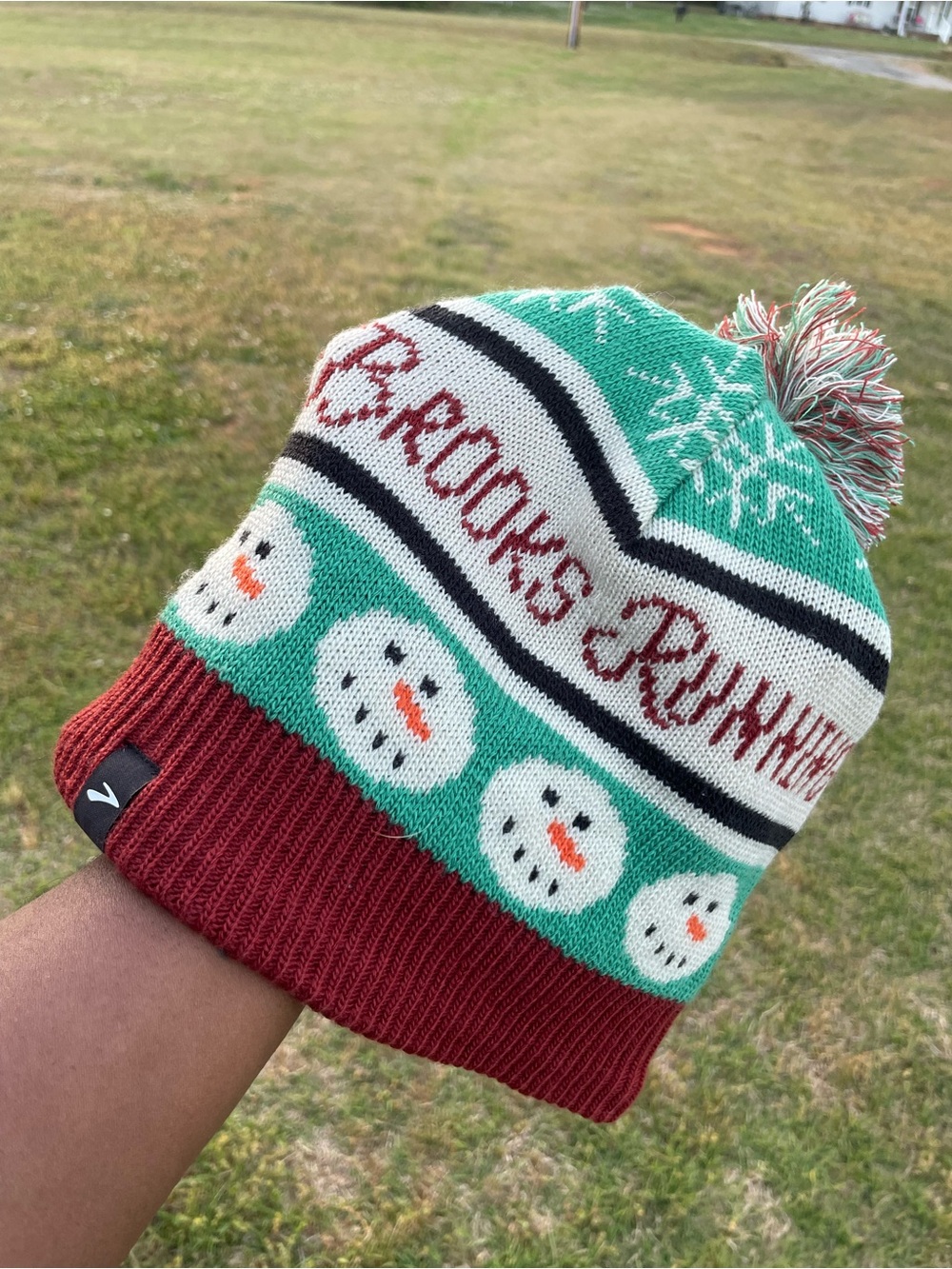 Brooks Kids Snowman Pom-Pom Beanie in Green, Red & Cream